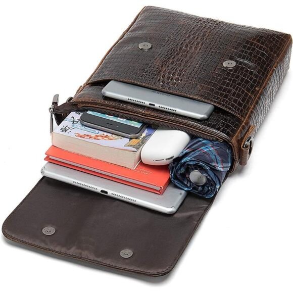 Leather Flap Messenger Bag for Men Small Crossbody Shoulder Bag,Crocodile Emboss - Picture 3 of 7